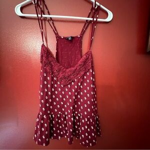 Aèropostale Burgundy with white polka dots spaghetti strap flowy tank size XL